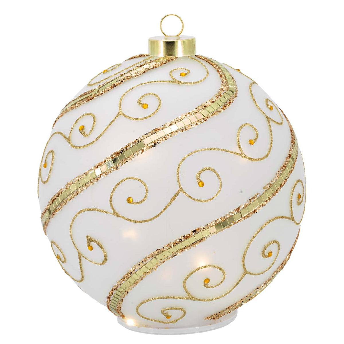 Bagutta Sfera Natalizia Girevole LED 20x22 cm Avorio e Oro con Riccioli e Fasce Specchiate