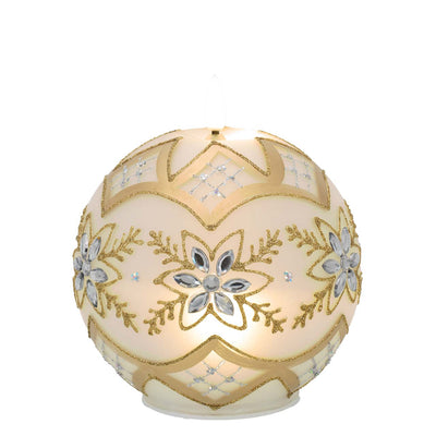 Bagutta Sfera Luminosa Natalizia Bianca e Oro con Fiori e Cristalli LED 12x14 cm