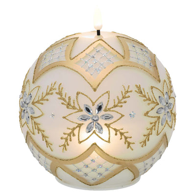 Bagutta Sfera Luminosa Natalizia Bianca e Oro con Fiori e Cristalli LED 15x17 cm