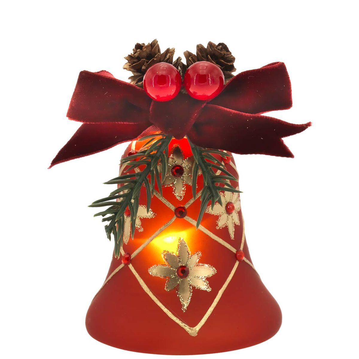Bagutta Campanella Natalizia LED Rossa con Stella di Natale e Reticolo Dorato 8 cm