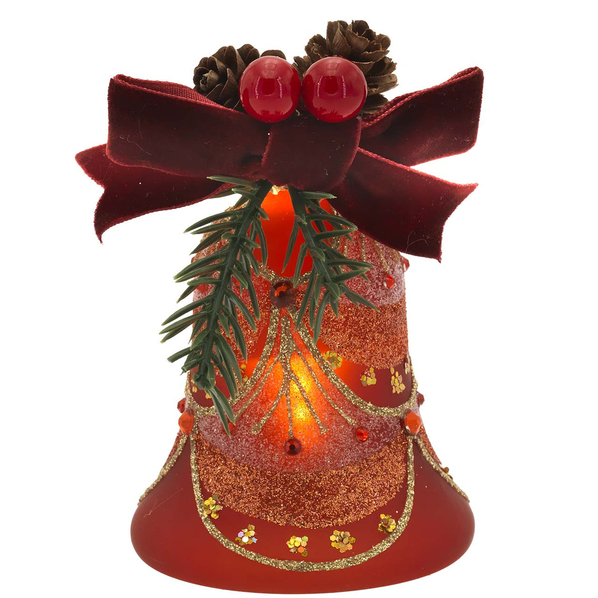 Bagutta Campanella Natalizia LED Rossa con Festoni Dorati 8 cm