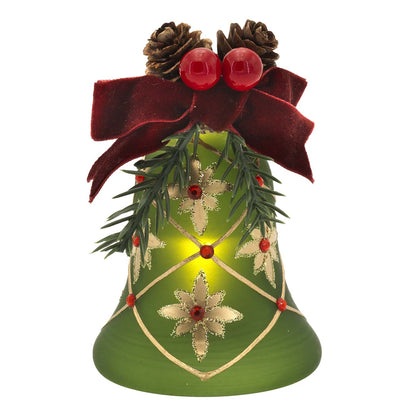 Bagutta Campanella Natalizia LED Verde con Stella di Natale e Reticolo Dorato 8 cm
