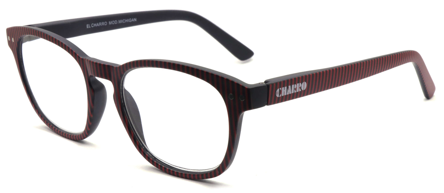 Occhiali da lettura El Charro Michigan +1.00 rosso righe nere, forma tondeggiante con righe verticali, vista frontale