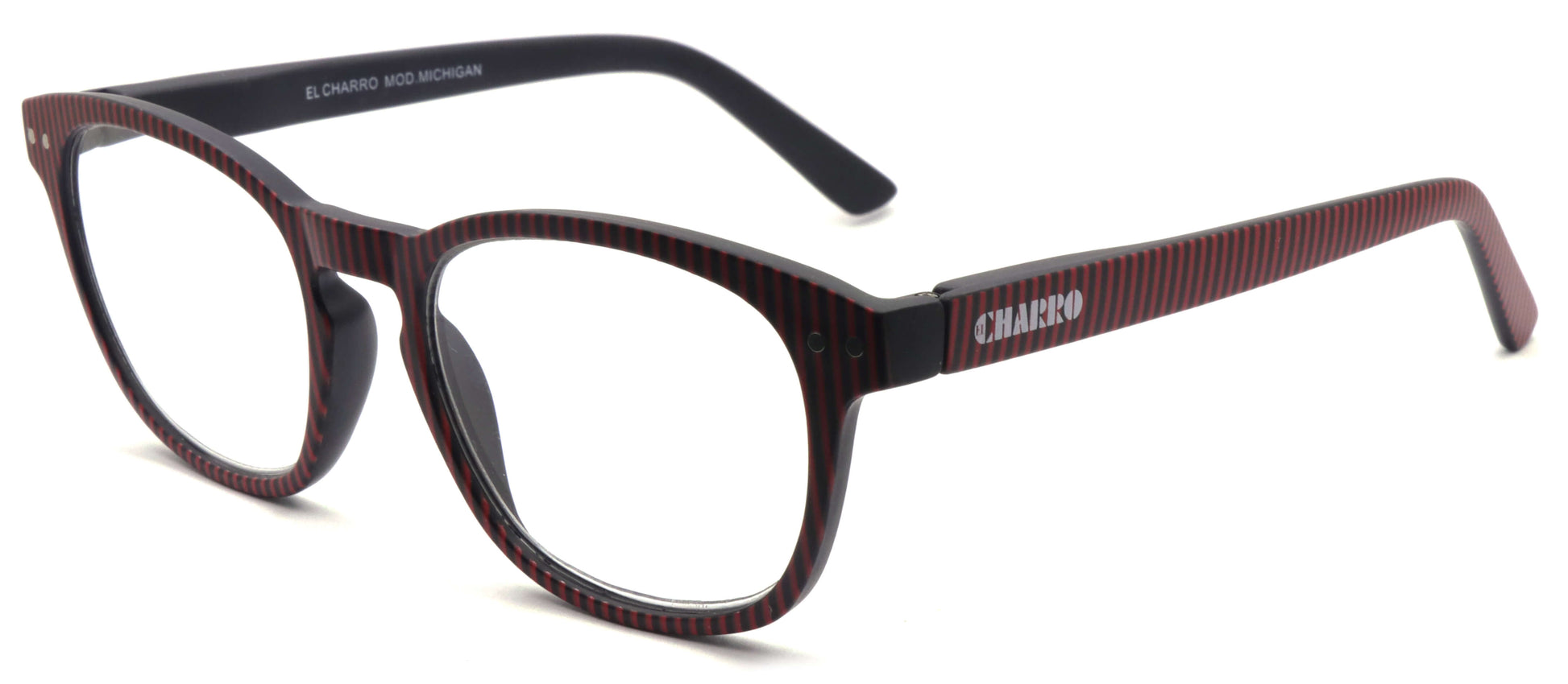 Occhiali da lettura El Charro Michigan +1.00 rosso righe nere, forma tondeggiante con righe verticali, vista frontale