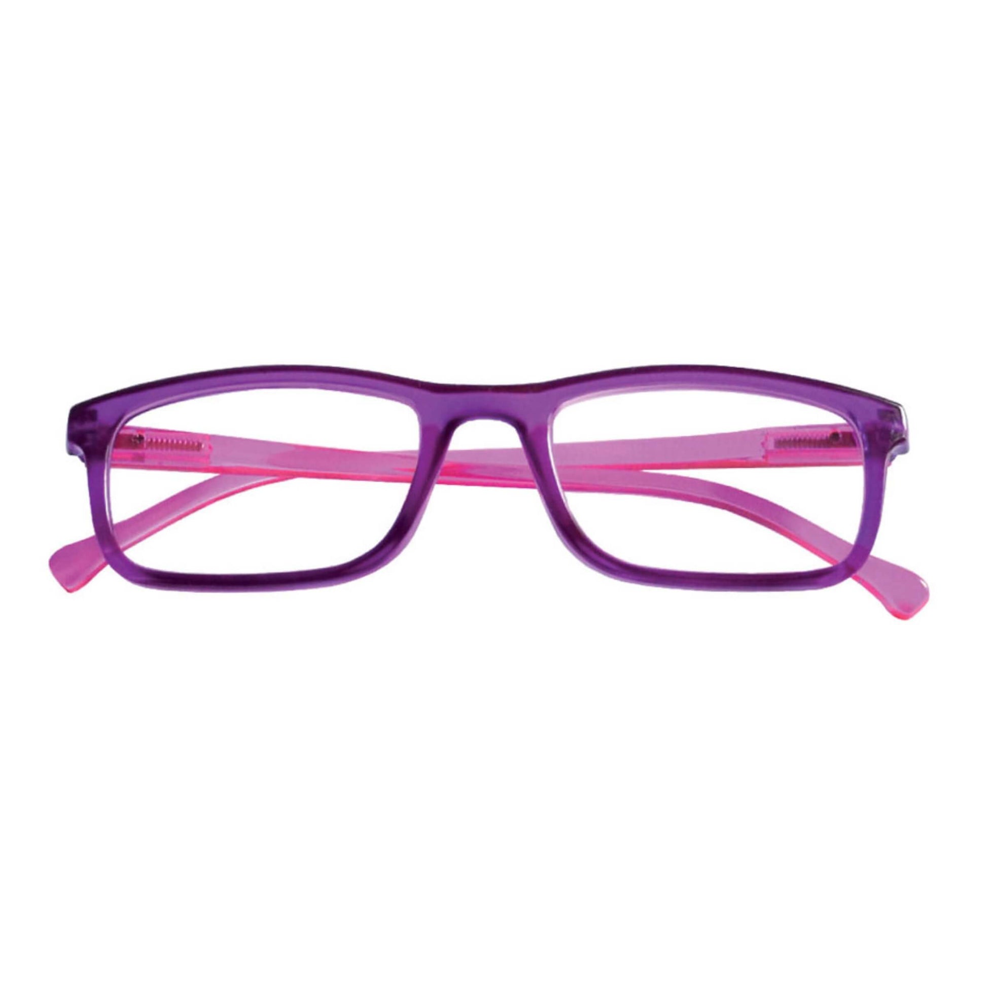 Occhiali da lettura Flash viola con bacchette fucsia, lenti asferiche, graduazione +1.50