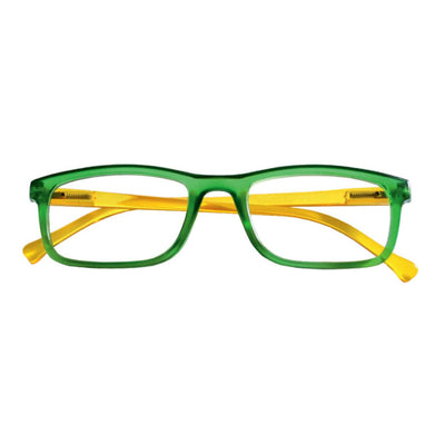 Occhiali da lettura Flash verde con bacchette giallo, lenti asferiche, graduazione +1.50