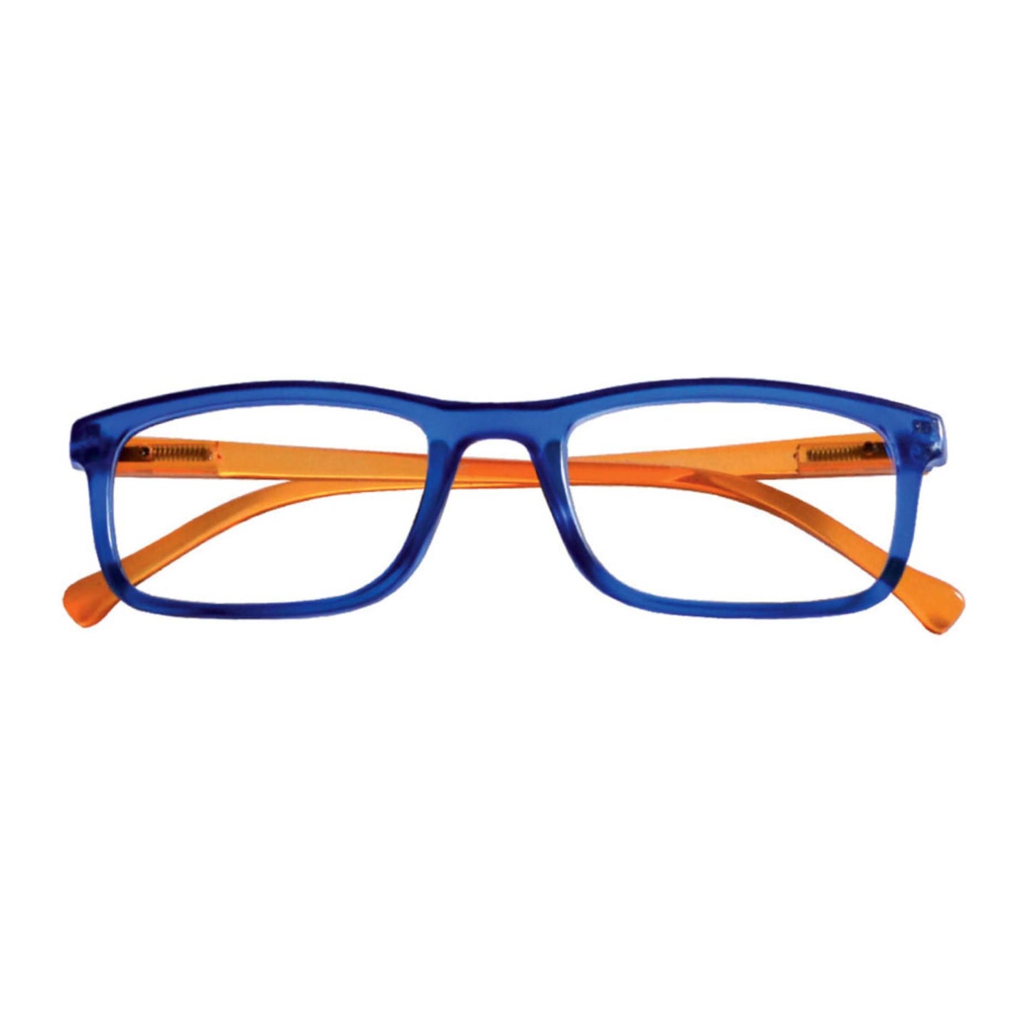 Occhiali da lettura Flash blu con bacchette arancio, lenti asferiche, graduazione +1.50