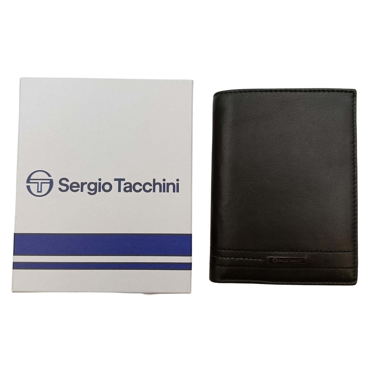 PORTAFOGLIO VERTICALE TASCONCINO SERGIO TACCHINI NERO IN VERA PELLE CON IMPUNTURA VERDE E TARGHETTA  - K50117P102NER