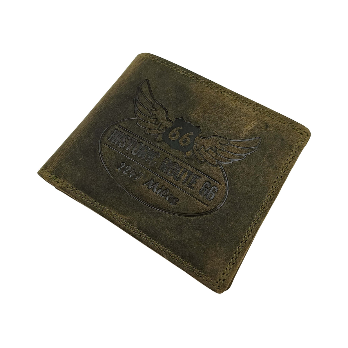 PORTAFOGLIO DA UOMO ROUTE 66 VERDE IN VERA PELLE CON LOGO INCISO - 1916ROAD2 VE