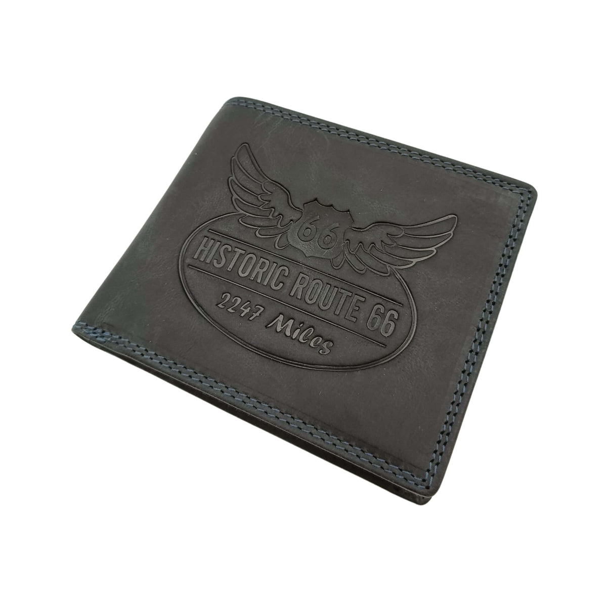 PORTAFOGLIO DA UOMO ROUTE 66 BLU NOTTE IN VERA PELLE CON LOGO INCISO - 1916ROAD2 BL