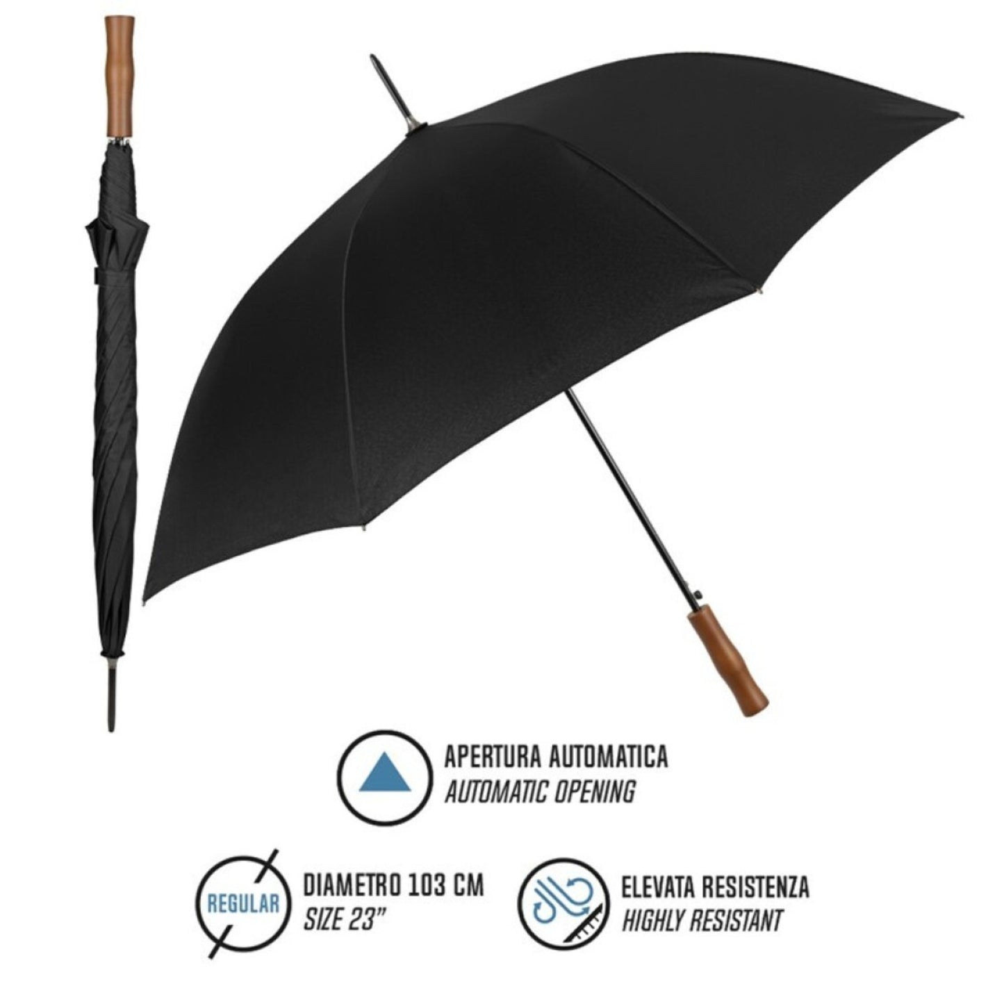 OMBRELLO PERLETTI AUTOMATICO ANTIVENTO NERO CON MANICO IN LEGNO DRITTO D.103 cm - 96010-01