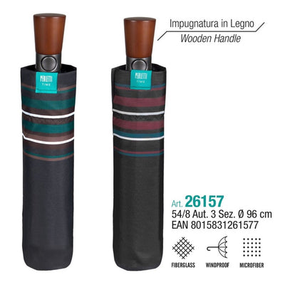 Ombrello Perletti 26157 mini automatico bordo rigato impugnatura legno 96 cm