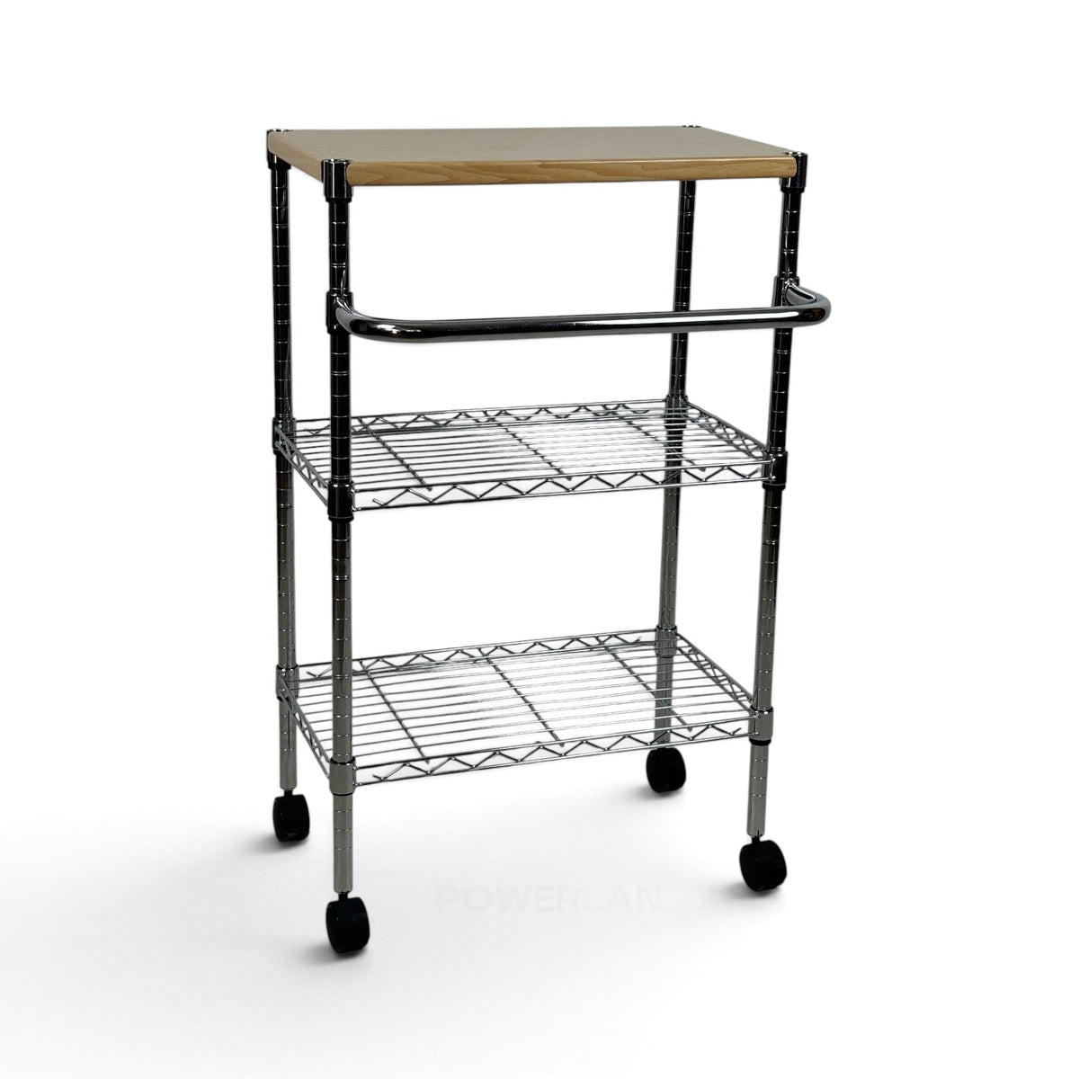 Metallika Carrello Modulare in Acciaio Cromato con Ruote, Piano in Legno e 2 Ripiani