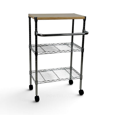Metallika Carrello Modulare in Acciaio Cromato con Ruote, Piano in Legno e 2 Ripiani