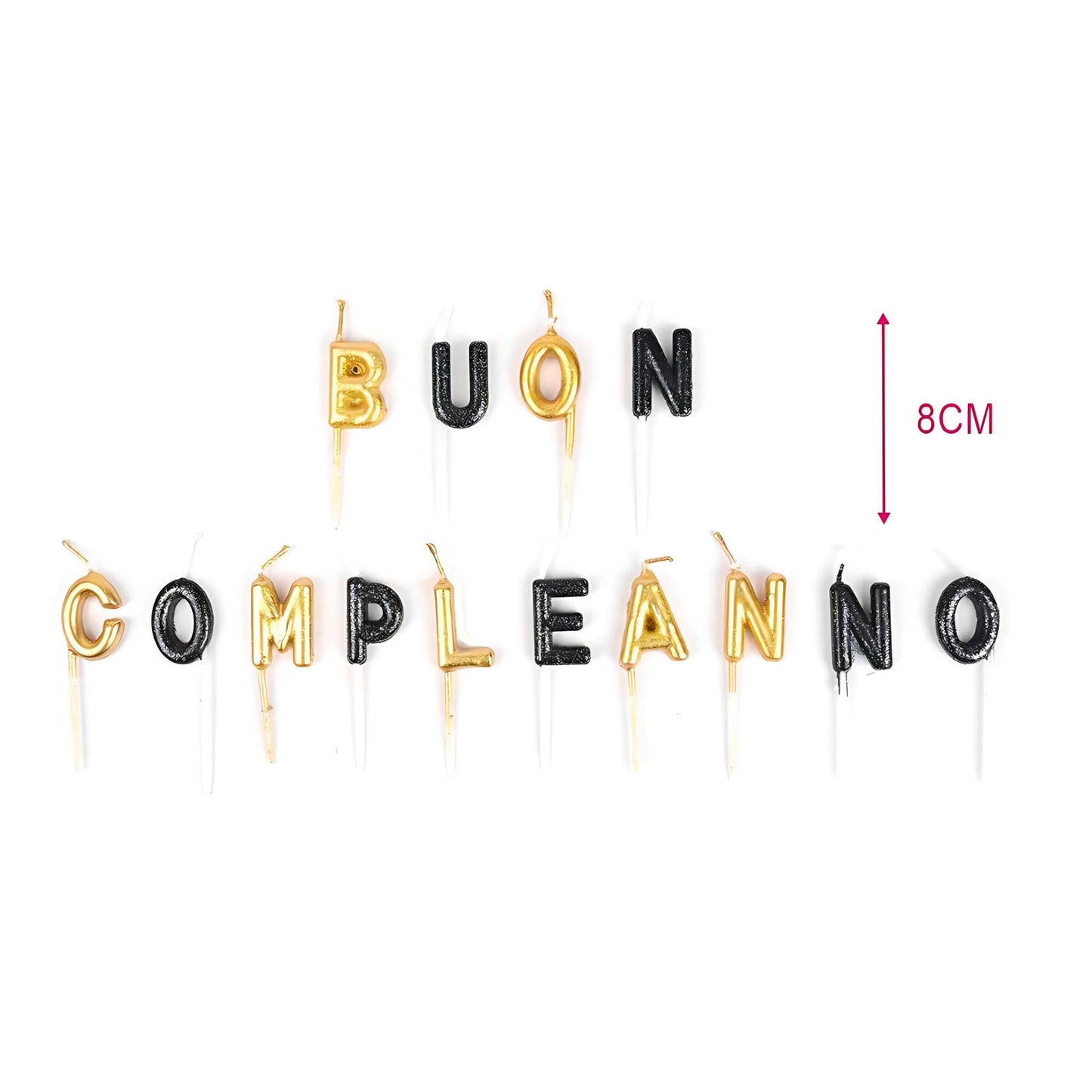 SET 14 PEZZI CANDELINE LETTERE BUON COMPLEANNO COLORI ORO E NERO PER TORTA DA 8 cm