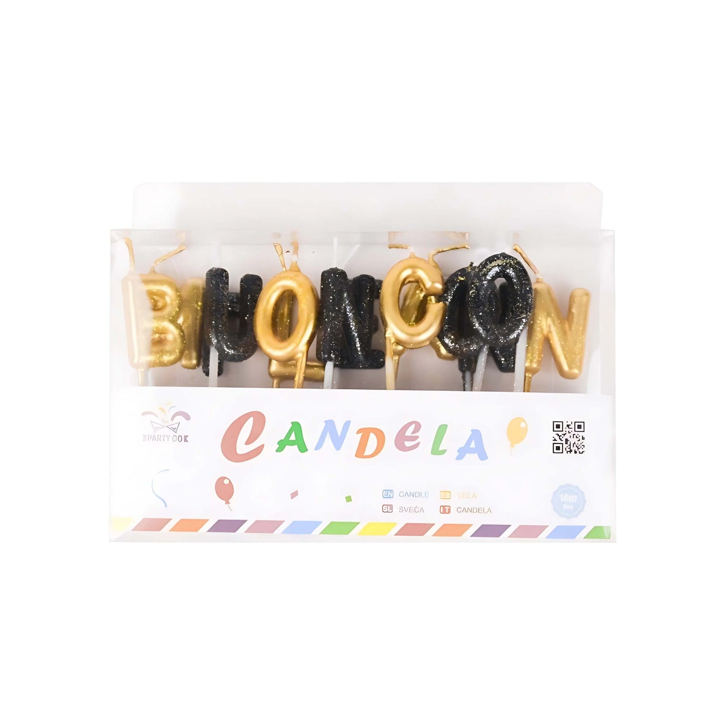SET 14 PEZZI CANDELINE LETTERE BUON COMPLEANNO COLORI ORO E NERO PER TORTA DA 8 cm