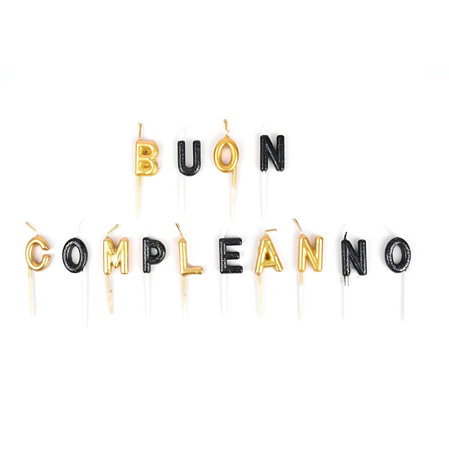 SET 14 PEZZI CANDELINE LETTERE BUON COMPLEANNO COLORI ORO E NERO PER TORTA DA 8 cm