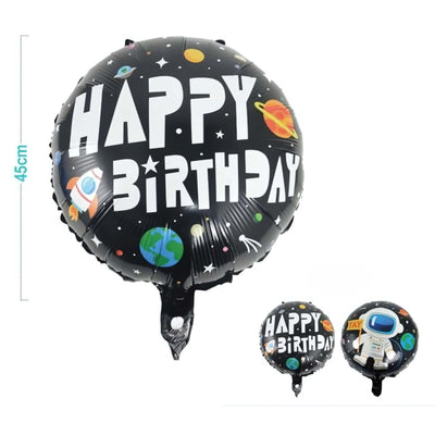 Palloncino Mylar Happy Birthday Nero 45 cm con Grafica Space