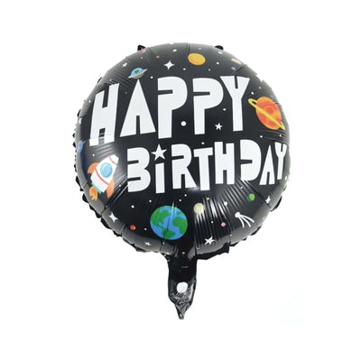 Palloncino Mylar Happy Birthday Nero 45 cm con Grafica Space