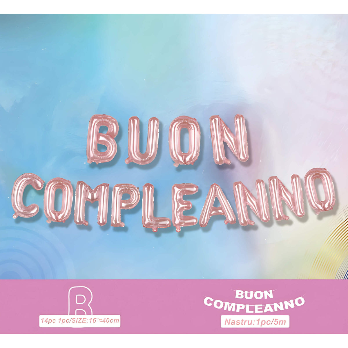 Set 14 Lettere Buon Compleanno Palloncini Mylar Pastello Rosa 40 cm x 5 m