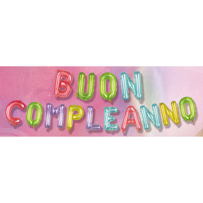 Set 14 Lettere Buon Compleanno Palloncini Mylar Pastello Multicolore 40 cm x 5 m