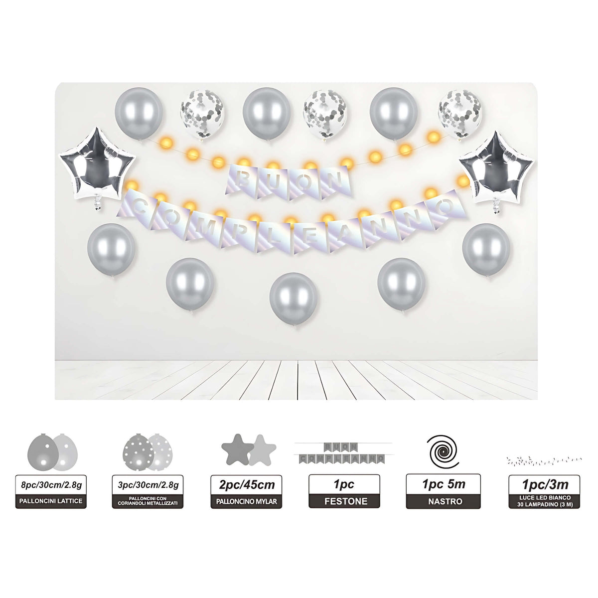 Set Compleanno 13 Pezzi Kit Decorazione Buon Compleanno Argento con Palloncini, Festone, Stelle Mylar e Luci LED