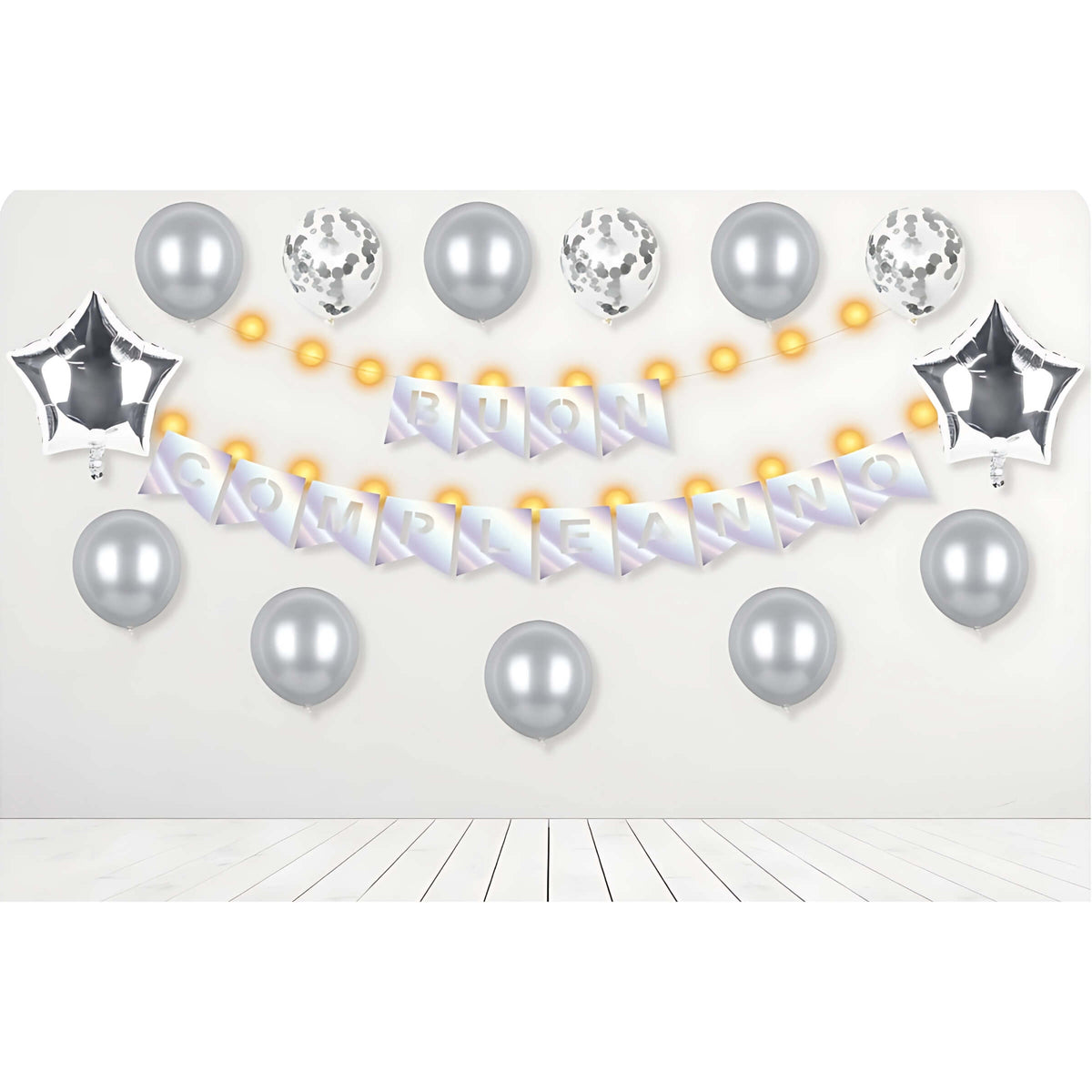 Set Compleanno 13 Pezzi Kit Decorazione Buon Compleanno Argento con Palloncini, Festone, Stelle Mylar e Luci LED