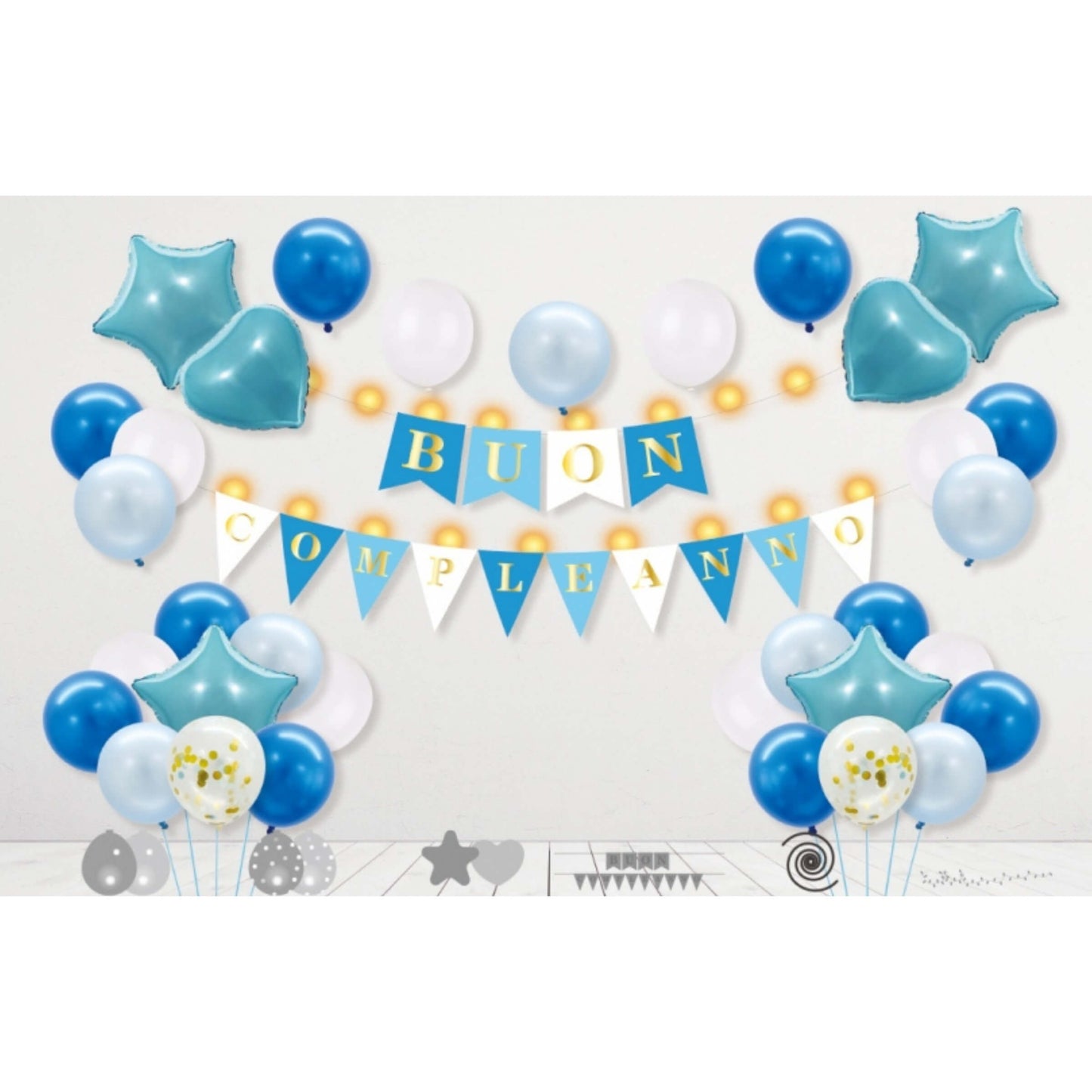 Set 33 Pezzi  Kit Compleanno Blu con Festone, Palloncini, Cuori e Stelle Mylar, Nastro e Luci LED