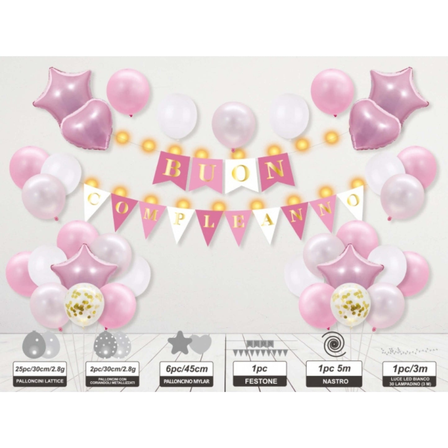 Set 33 Pezzi  Kit Compleanno Rosa con Festone, Palloncini, Cuori e Stelle Mylar, Nastro e Luci LED