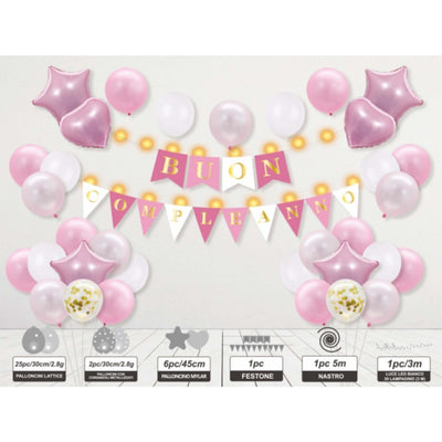 Set 33 Pezzi  Kit Compleanno Rosa con Festone, Palloncini, Cuori e Stelle Mylar, Nastro e Luci LED
