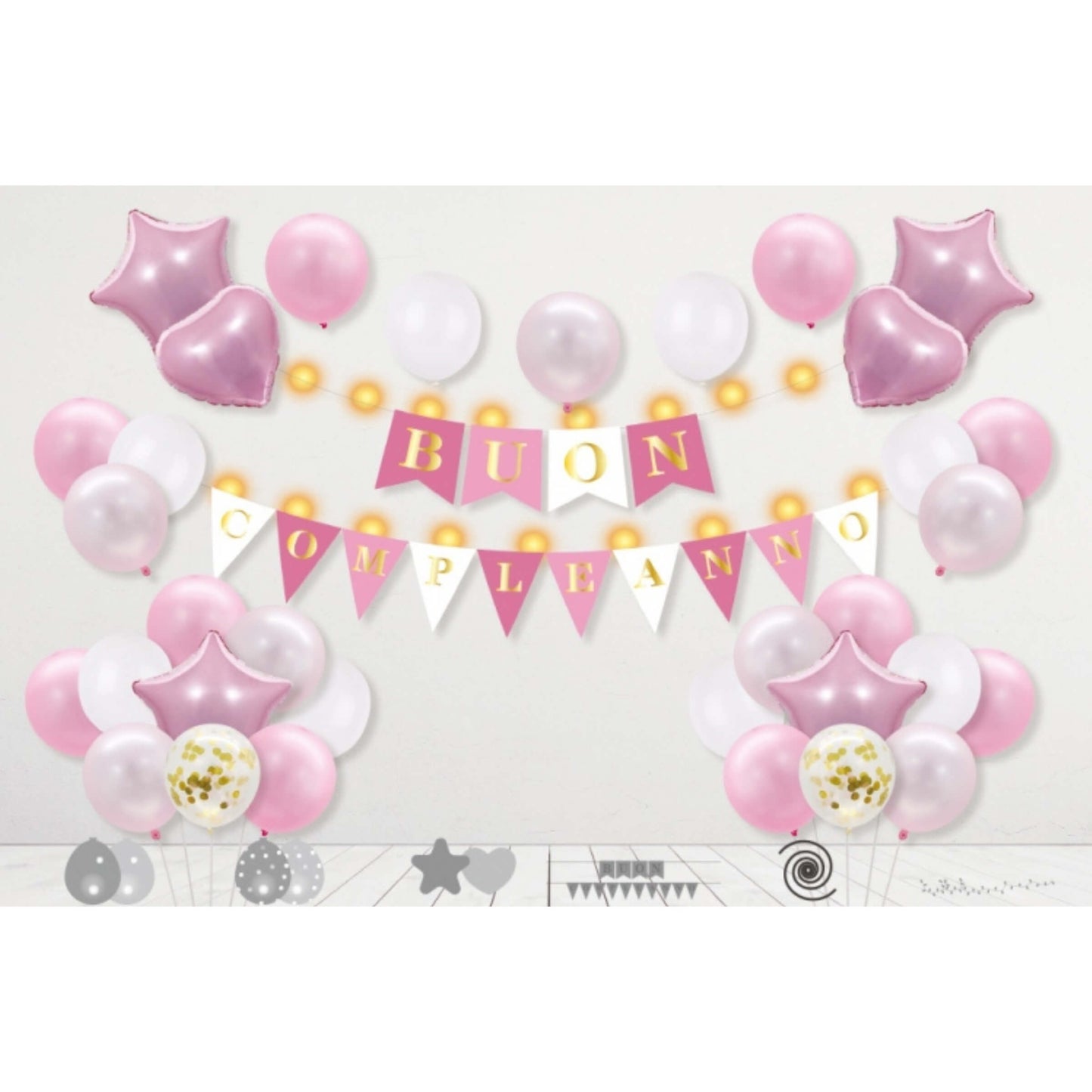 Set 33 Pezzi  Kit Compleanno Rosa con Festone, Palloncini, Cuori e Stelle Mylar, Nastro e Luci LED