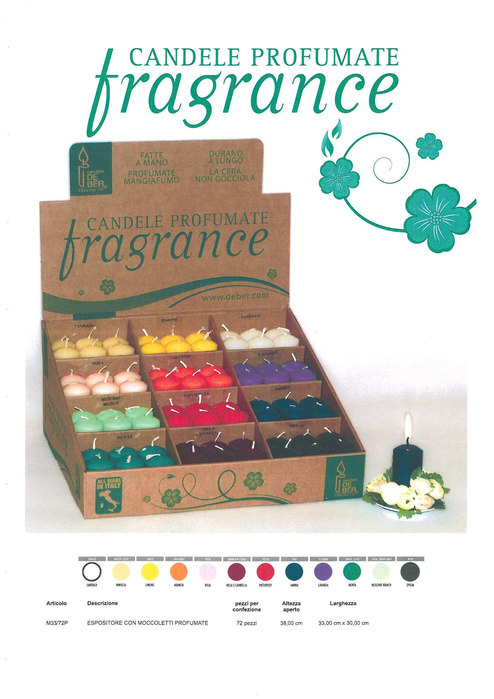 Espositore in cartone De Ber 72 moccoli profumati in 12 fragranze assortite