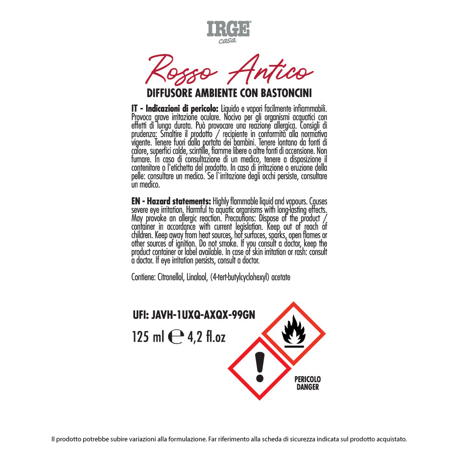 Irge Diffusore Ambiente con Bastoncini Rosso Antico 125 ml