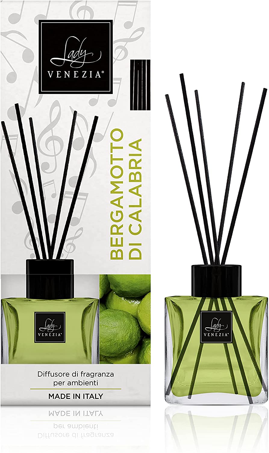 Diffusore ambiente Lady Venezia Bergamotto di Calabria 100ml flacone cubico vetro bastoncini neri