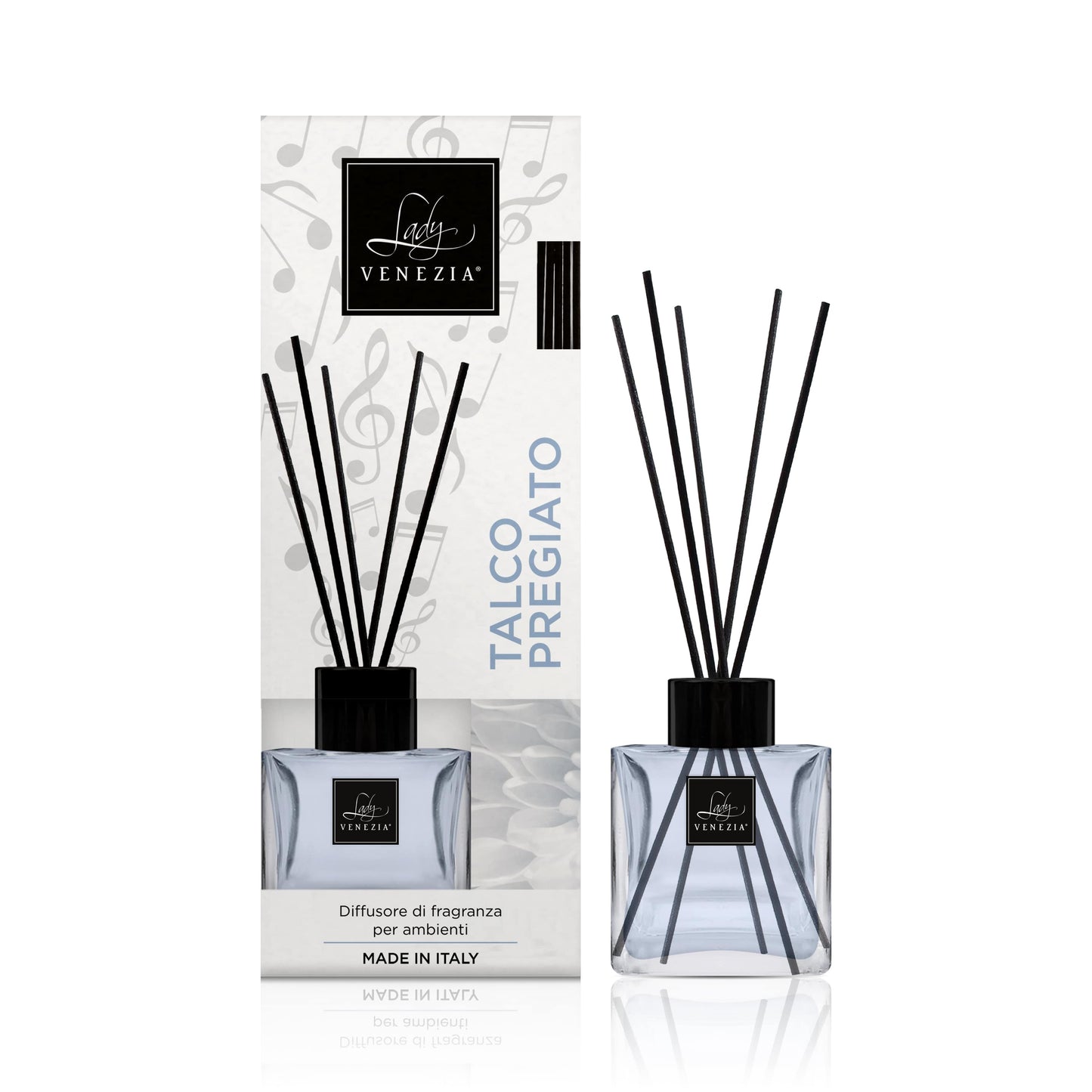Diffusore ambiente Lady Venezia Talco Pregiato 100ml flacone cubico vetro bastoncini neri