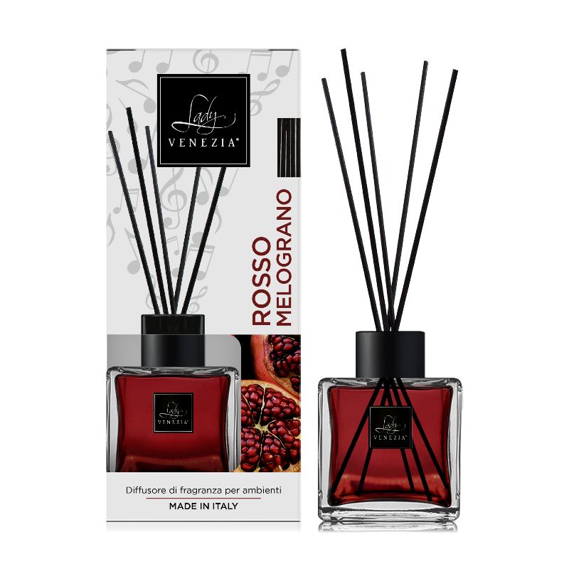 Diffusore ambiente Lady Venezia Rosso Melograno 100ml flacone cubico vetro bastoncini neri