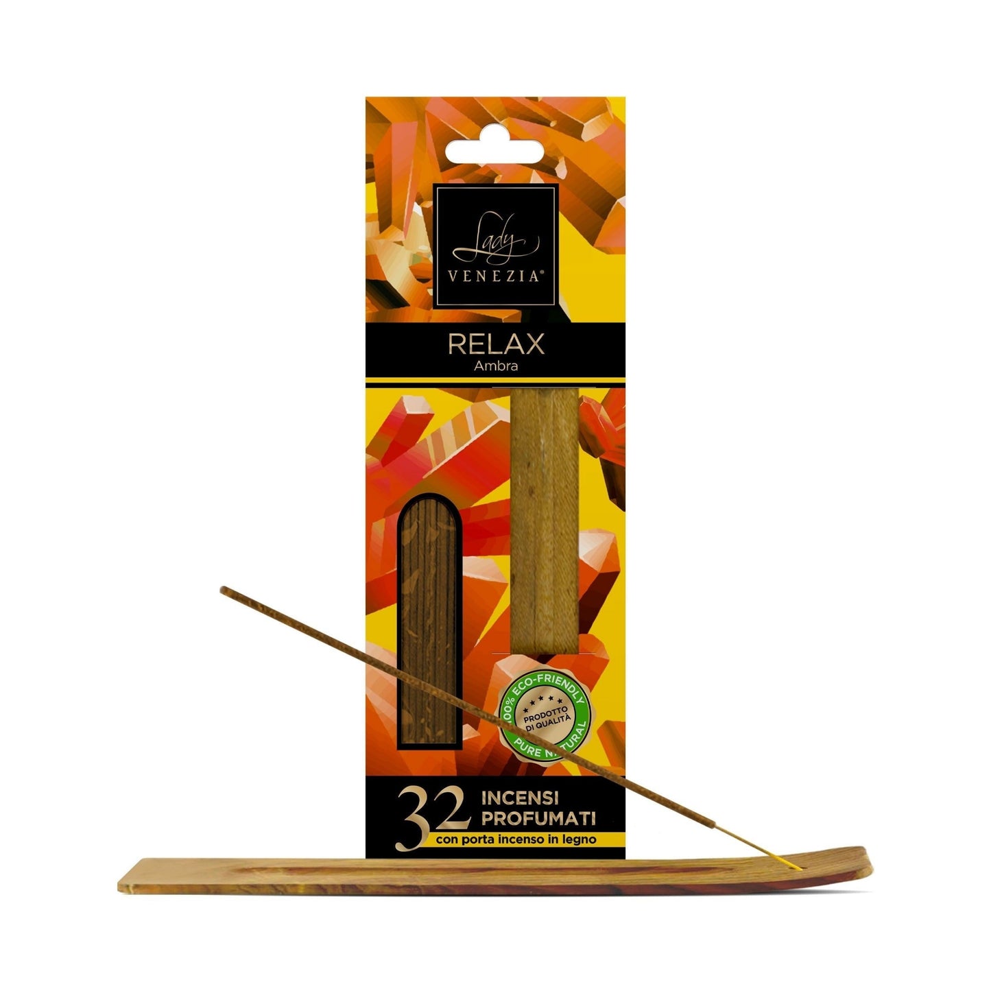 Incenso profumato Lady Venezia Relax ambra 32 bastoncini con porta incenso legno