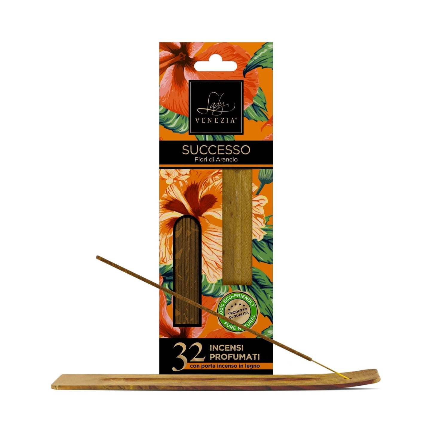 Incenso profumato Lady Venezia Successo fiori arancio 32 bastoncini con porta incenso legno