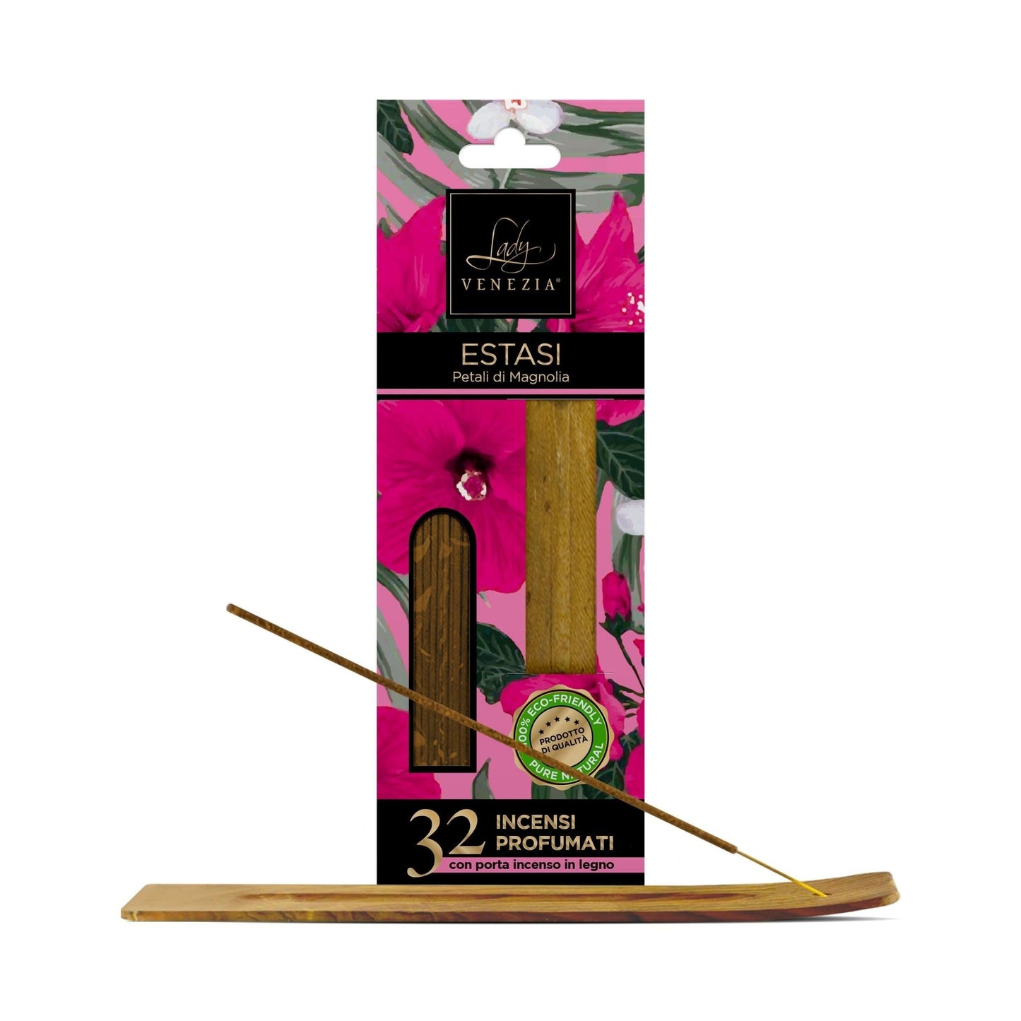 Incenso profumato Lady Venezia Estasi petali magnolia 32 bastoncini con porta incenso legno
