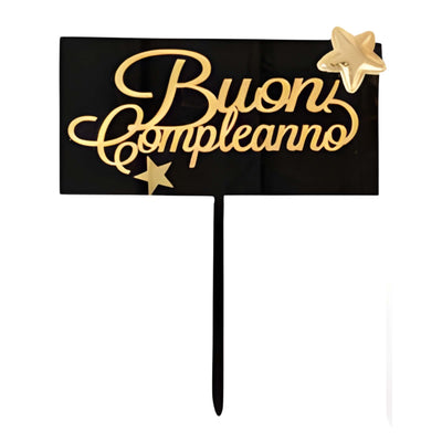 Decorazione torta Buon Compleanno rettangolo nero lucido scritta dorata stelle