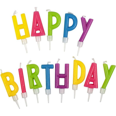 Dettaglio lettere candeline Happy Birthday colorate con base fissaggio per torta