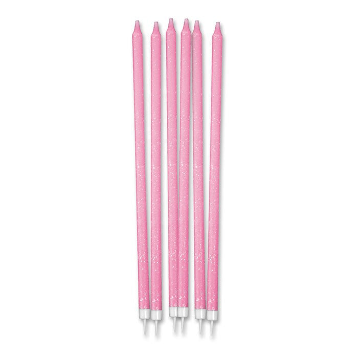 12 Candeline Matite Glitter 15 cm Rosa + Supporto