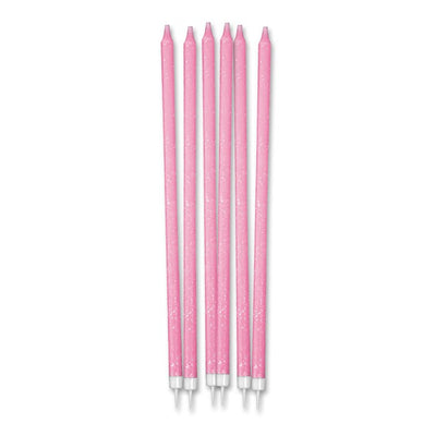 12 Candeline Matite Glitter 15 cm Rosa + Supporto