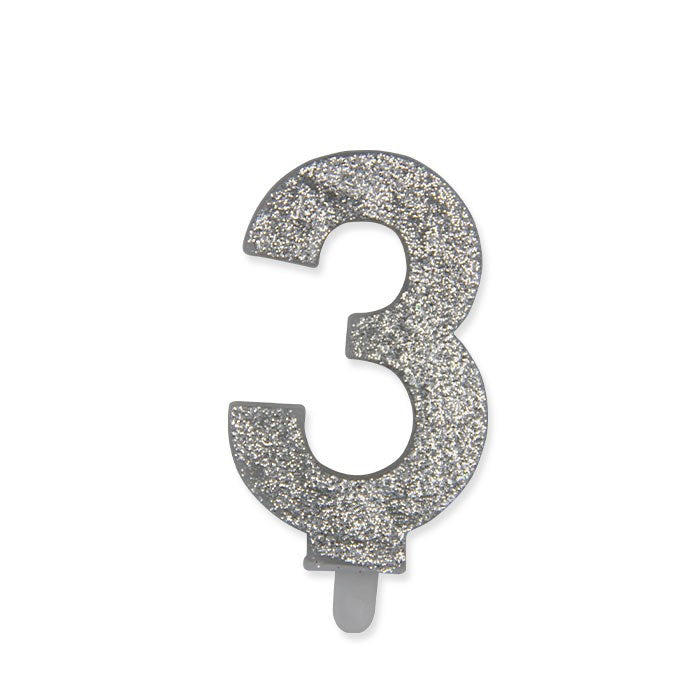 Candelina numerica Sweety Argento Glitter 9 cm numero 3 per torte di compleanno