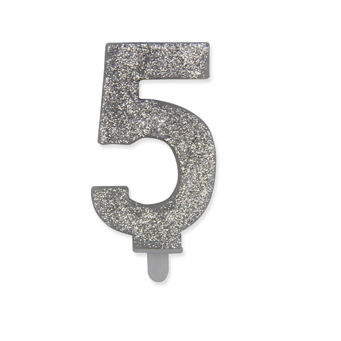 Candelina numerica Sweety Argento Glitter 9 cm numero 5 per torte di compleanno