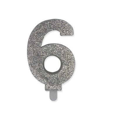 Candelina numerica Sweety Argento Glitter 9 cm numero 6 per torte di compleanno