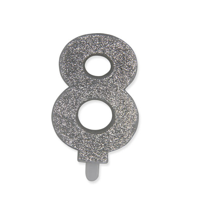 Candelina numerica Sweety Argento Glitter 9 cm numero 8 per torte di compleanno