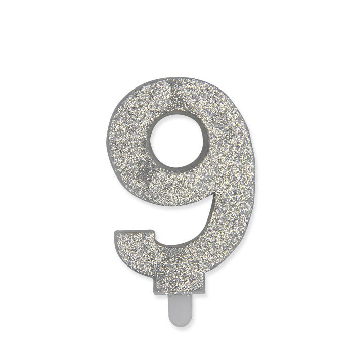 Candelina numerica Sweety Argento Glitter 9 cm numero 9 per torte di compleanno