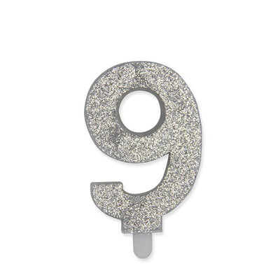 Candelina numerica Sweety Argento Glitter 9 cm numero 9 per torte di compleanno