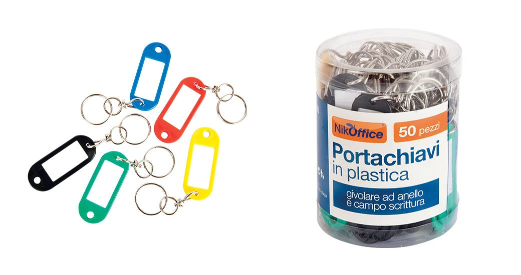 Portachiavi in plastica Nikoffice con anello girevole e targhetta scrittura, blister da 5 pezzi